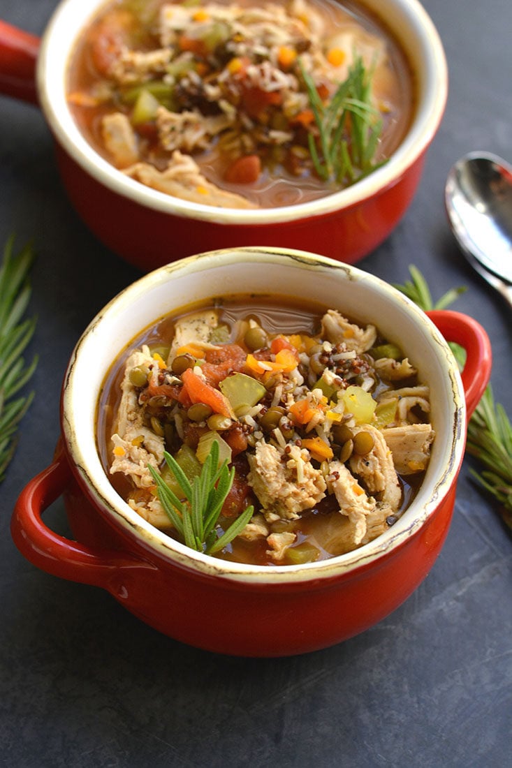 A wholesome, comforting & nutritious bowl of vegetables, rice & lentils this Chicken Lentil Soup is gluten free and low calorie. A delicious bowl of warmth for a cold day! Gluten Free + Low Calorie