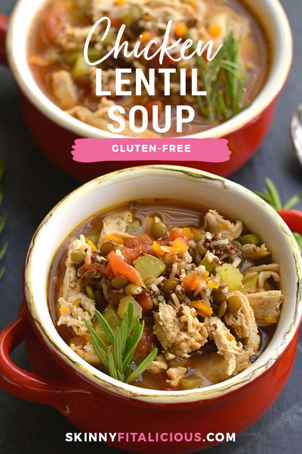 A wholesome, comforting & nutritious bowl of vegetables, rice & lentils this Chicken Lentil Soup is gluten free and low calorie. A delicious bowl of warmth for a cold day! Gluten Free + Low Calorie