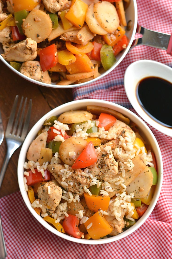 15 Minute Chicken Stir-Fry loaded with veggies & flavor! A lighter, better for you version of takeout that's easy to make & tastes great. Gluten Free + Low Calorie