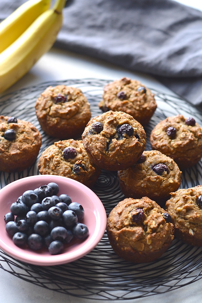 These Blueberry Hemp Flaxseed Muffins make a delicious low sugar, gluten free and low calorie treat! A lighter muffin made with whole grains, flax, hemp hearts with fresh blueberries. Start your day with this muffin recipe or take them with you for a sweet treat on the go. Gluten Free + Low Calorie