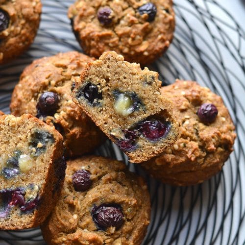 These Blueberry Hemp Flaxseed Muffins make a delicious low sugar, gluten free and low calorie treat! A lighter muffin made with whole grains, flax, hemp hearts with fresh blueberries. Start your day with this muffin recipe or take them with you for a sweet treat on the go. Gluten Free + Low Calorie