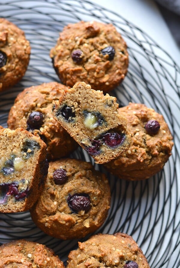 These Blueberry Hemp Flaxseed Muffins make a delicious low sugar, gluten free and low calorie treat! A lighter muffin made with whole grains, flax, hemp hearts with fresh blueberries. Start your day with this muffin recipe or take them with you for a sweet treat on the go. Gluten Free + Low Calorie