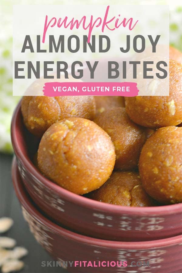 Vegan Pumpkin Almond Joy Bites! Loaded with protein and bursting with cinnamon flavors, these gluten free bites make the perfect lunchbox snack. Gluten Free + Low Calorie + Vegan