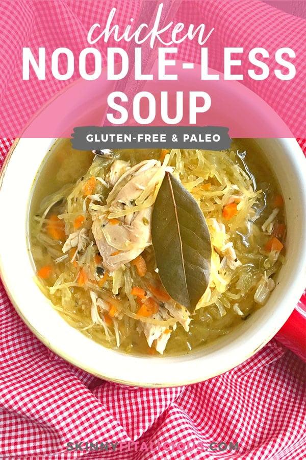 A modern Paleo twist on classic chicken noodle soup, this low carb Chicken Noodle-less Soup is packed with wholesome & comforting ingredients! Gluten Free + Paleo + Low Calorie