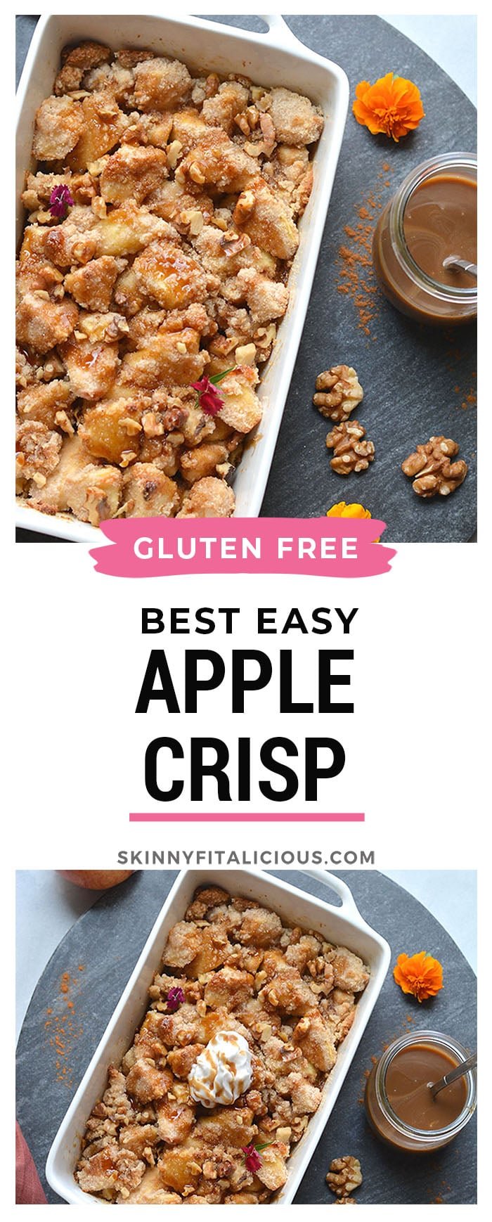 Gluten Free Apple Crisp made with almond flour, cinnamon and lower in sugar. An easy apple crisp that's better balanced in nutrition and dairy free. A healthy dessert recipe that everyone goes crazy for! Gluten Free + Low Calorie + Paleo