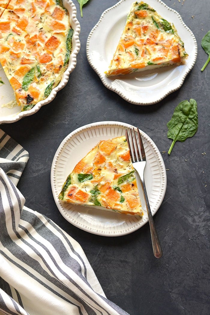 This Butternut Squash Spinach Breakfast Bake is loaded with healthy ingredients and flavors. A deliciously warm way to start a cool morning. If you like pizza, you will love this crustless egg frittata! Low Carb + Paleo + Gluten Free + Low Calorie