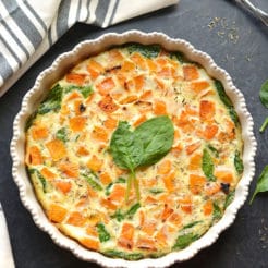 This Butternut Squash Spinach Breakfast Bake is loaded with healthy ingredients and flavors. A deliciously warm way to start a cool morning. If you like pizza, you will love this crustless egg frittata! Low Carb + Paleo + Gluten Free + Low Calorie
