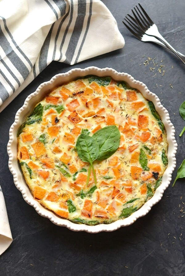 This Butternut Squash Spinach Breakfast Bake is loaded with healthy ingredients and flavors. A deliciously warm way to start a cool morning. If you like pizza, you will love this crustless egg frittata! Low Carb + Paleo + Gluten Free + Low Calorie