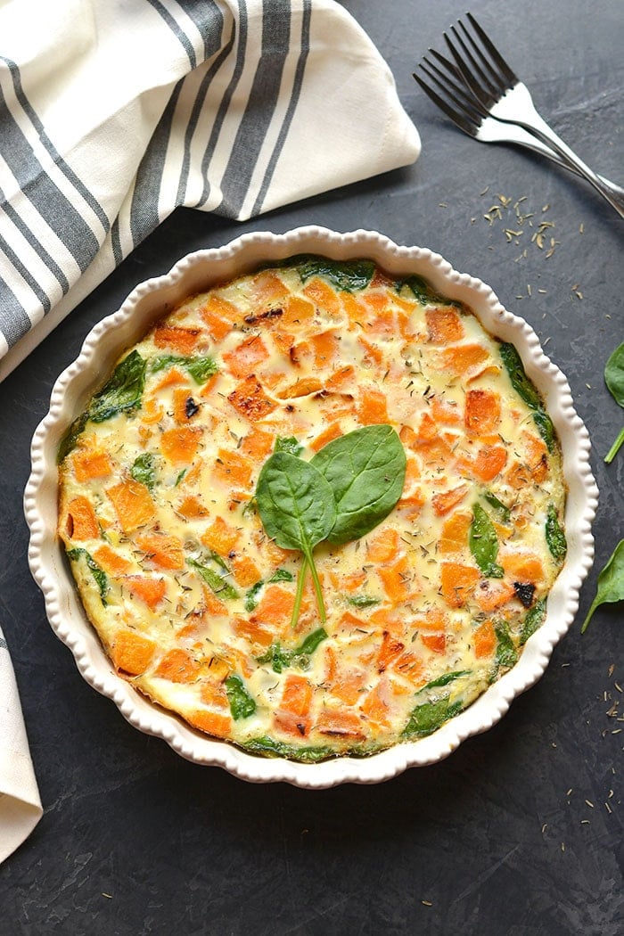 This Butternut Squash Spinach Breakfast Bake is loaded with healthy ingredients and flavors. A deliciously warm way to start a cool morning. If you like pizza, you will love this crustless egg frittata! Low Carb + Paleo + Gluten Free + Low Calorie