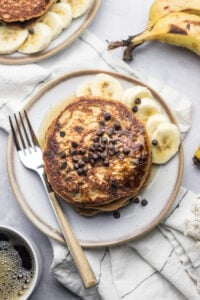 Mint Banana Chocolate Chip Pancakes are egg free, low calorie and high fiber! Made with gluten free ingredients and no added sugar.