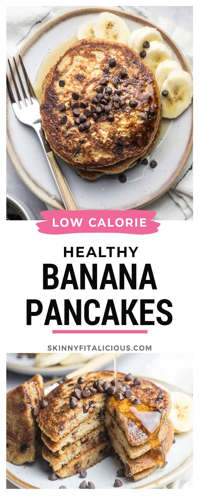 Mint Banana Chocolate Chip Pancakes are egg free, low calorie and high fiber! Made with gluten free ingredients and no added sugar. Perfect for breakfast, brunch or a treat!