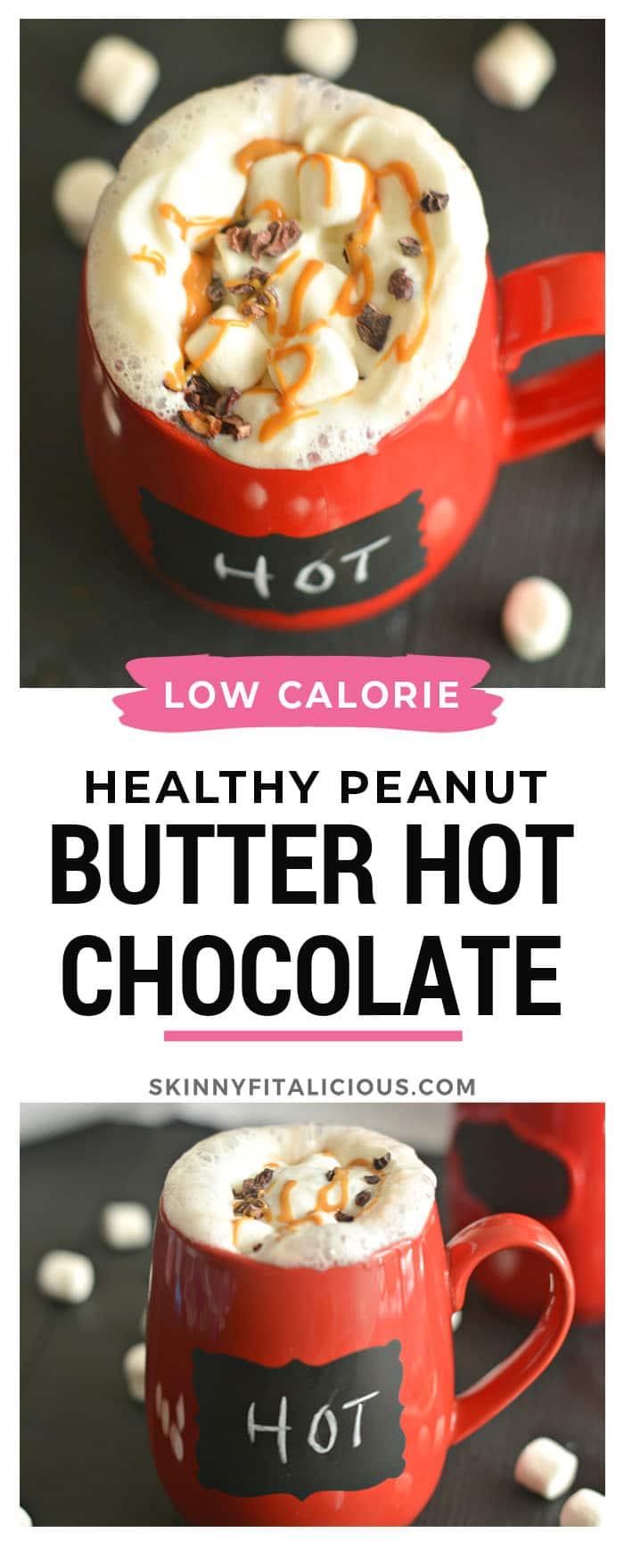 Healthy Peanut Butter Hot Chocolate is low calorie, dairy free and gluten free. A decadent and healthy hot chocolate recipe!