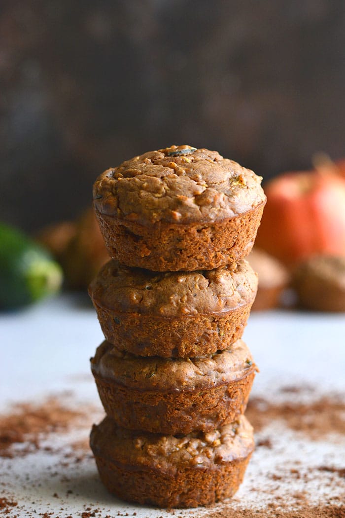 Healthy Zucchini Apple Spice Muffins are a low calorie muffin recipe made flourless with more protein and lower carbs. An easy snack recipe with warm spices! Low Calorie + Paleo + Gluten Free