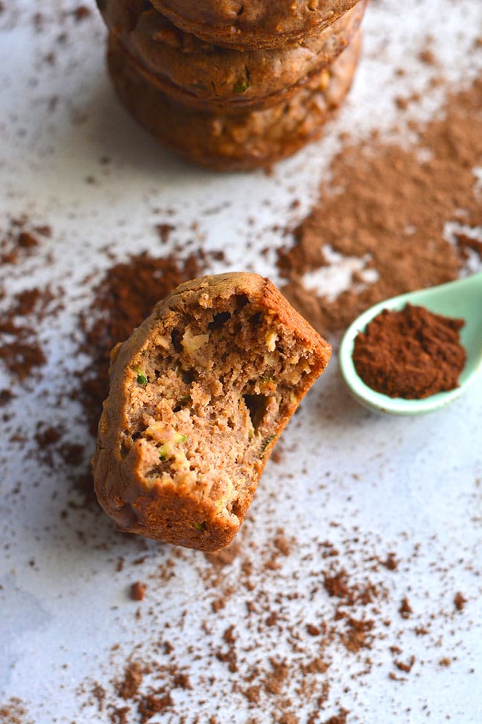 Healthy Zucchini Apple Spice Muffins are a low calorie muffin recipe made flourless with more protein and lower carbs. An easy snack recipe with warm spices! Low Calorie + Paleo + Gluten Free