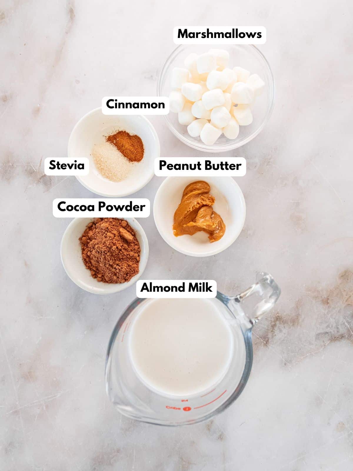 Ingredients for making peanut butter hot chocolate in bowls.
