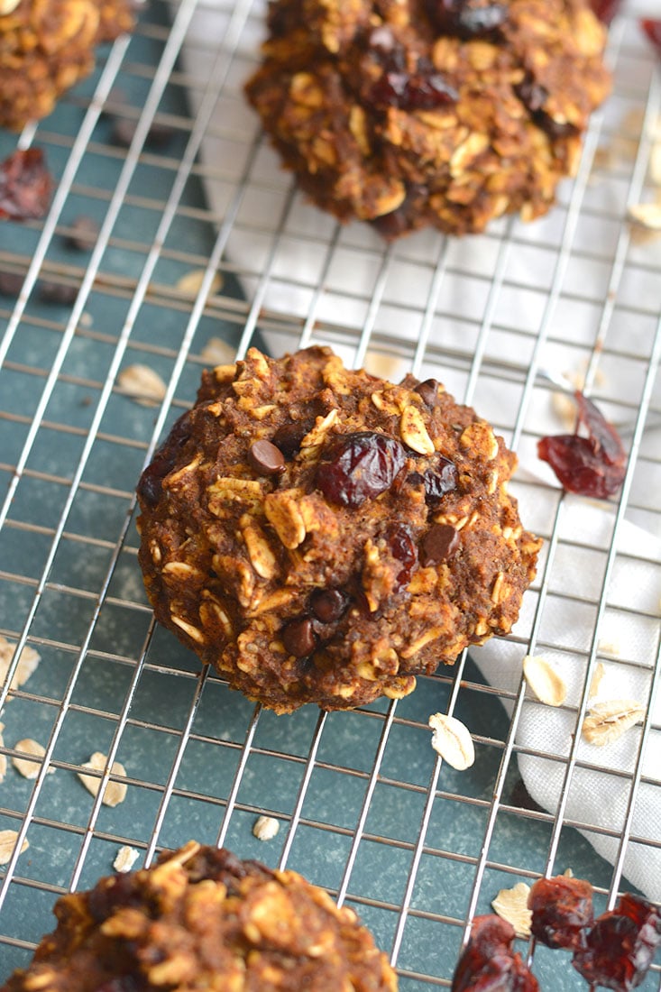 A soft and chewy dairy free oatmeal cookie, loaded with pumpkin and cranberry. Theses Pumpkin Oatmeal Cranberry Cookies are a fun winter breakfast treat.