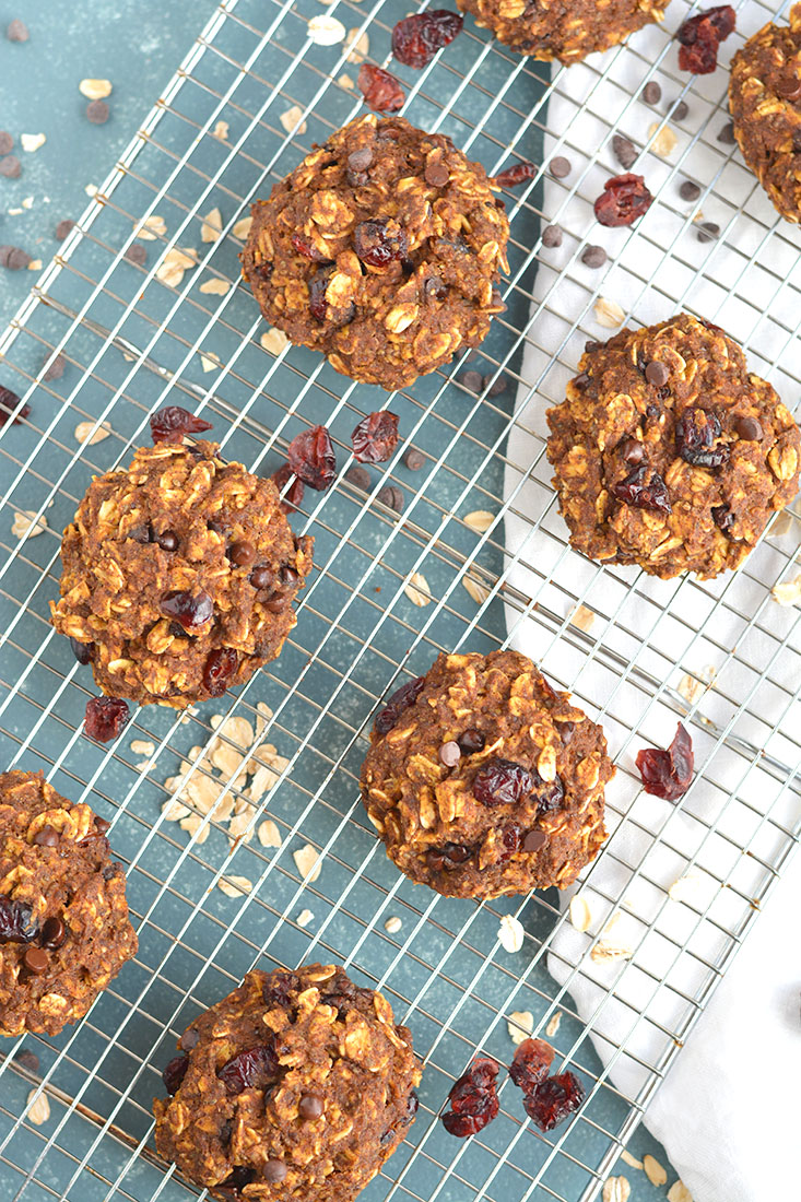 A soft and chewy dairy free oatmeal cookie, loaded with pumpkin and cranberry. Theses Pumpkin Oatmeal Cranberry Cookies are a fun winter breakfast treat.