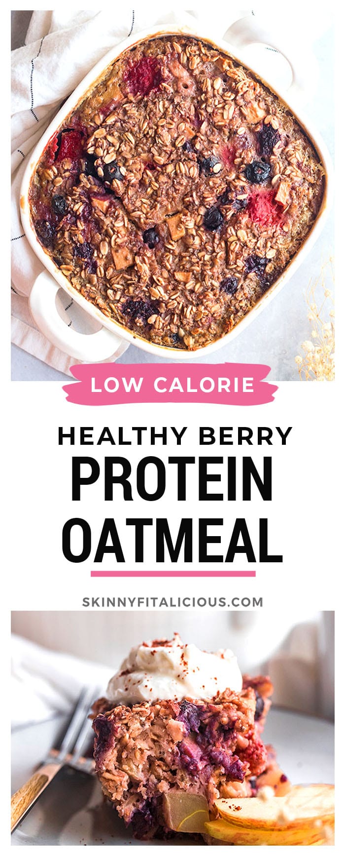 Healthy Berry Oatmeal Protein Bake is a healthy breakfast recipe that is gluten free and low calorie. A better way to make oatmeal with the right balance protein and fat to keep you fuller longer, through the morning.