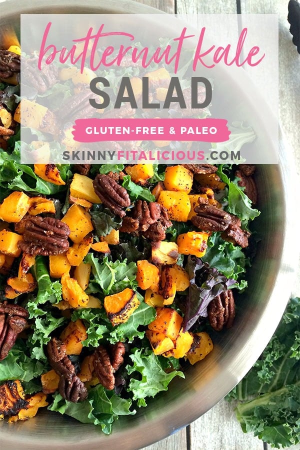 Paleo Kale Butternut Squash Salad with Candied Pecans! Dressed in a horseradish dressing and accessorized with candied pecans this winter salad is sure to warm you up with good health! Gluten Free + Low Calorie + Paleo