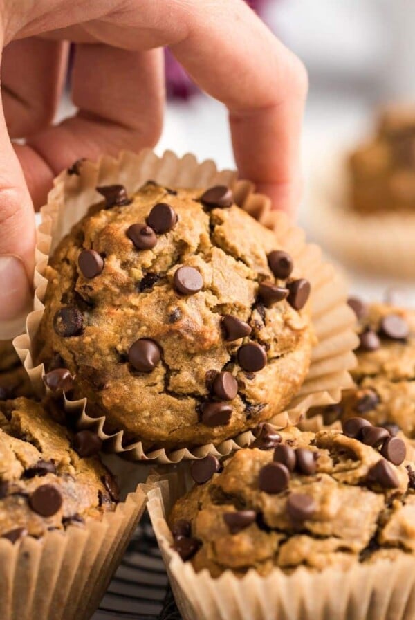 A butternut squash muffin on a tray with more muffins and a hand reaching to pick one up.