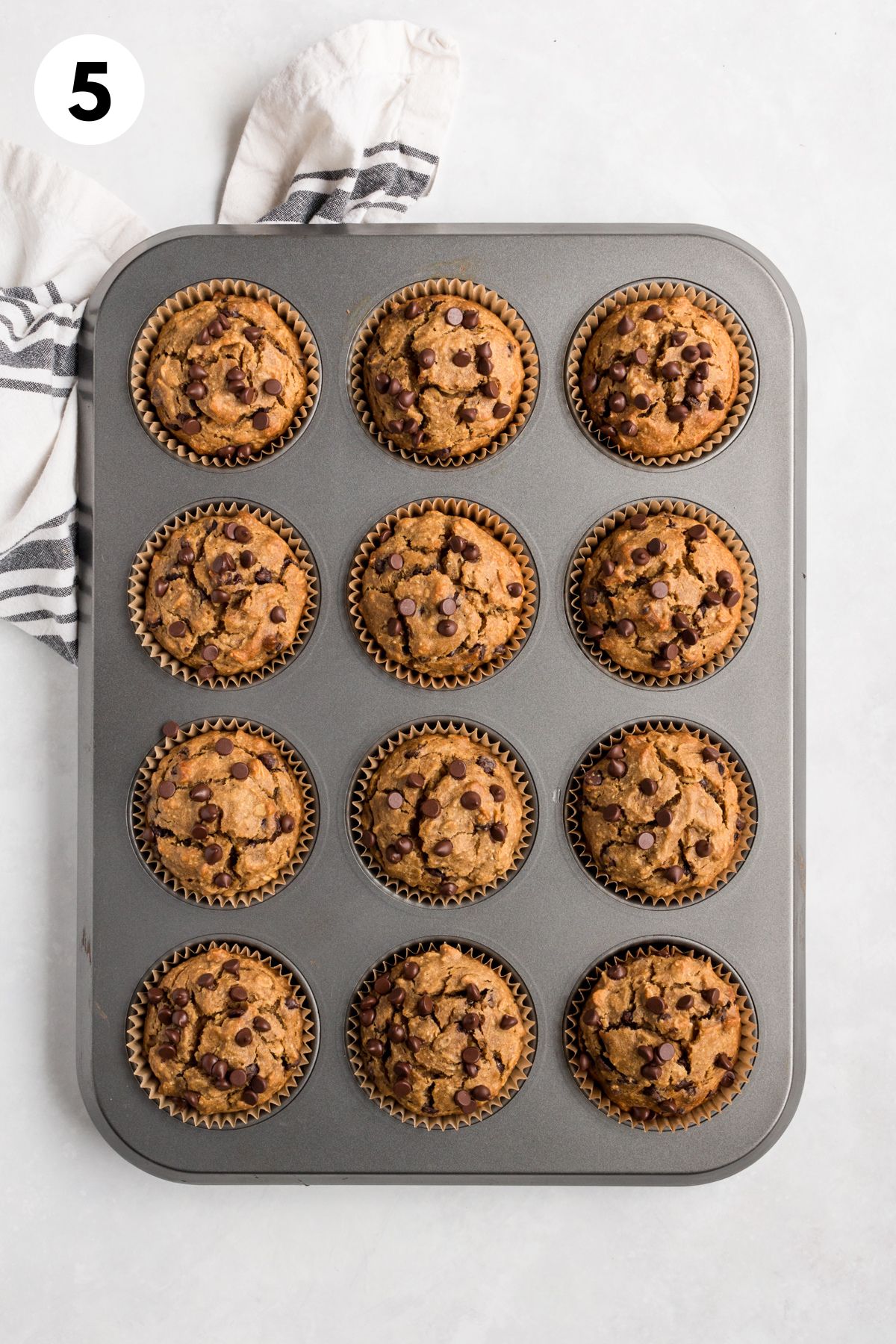 Butternut squash muffins with chocolate chips in a muffin pan after baking.