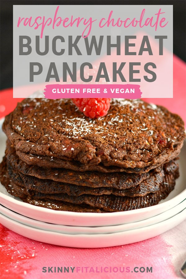 Light vegan, gluten free Raspberry Chocoholic Buckwheat Pancakes filled with warm raspberries & bursting with chocolate that's grain & dairy free. A breakfast delight that will trick any chocoholic into eating healthy. Gluten Free + Vegan + Low Calorie Healthy Recipe