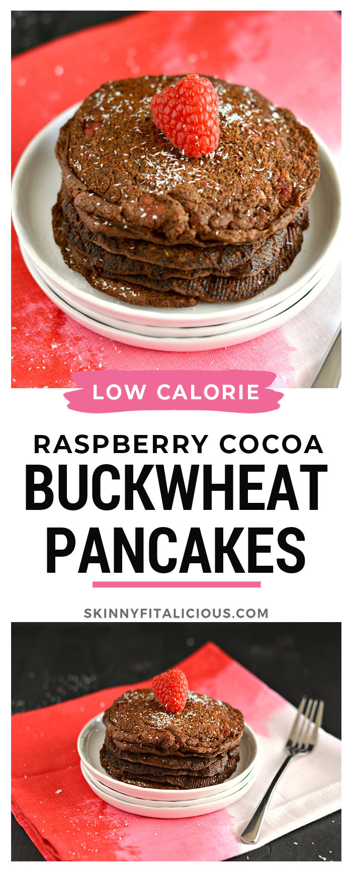 Light vegan, gluten free Raspberry Chocoholic Buckwheat Pancakes filled with warm raspberries and bursting with chocolate that's grain and dairy free. A breakfast delight that will trick any chocoholic into eating healthy. Gluten Free + Vegan + Low Calorie Healthy Recipe