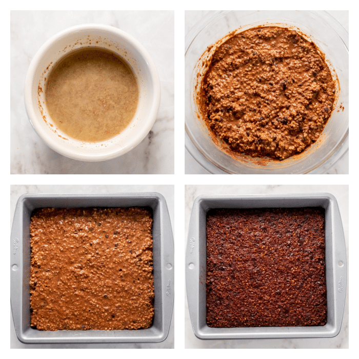 four pictures of steps for making brownies with quinoa
