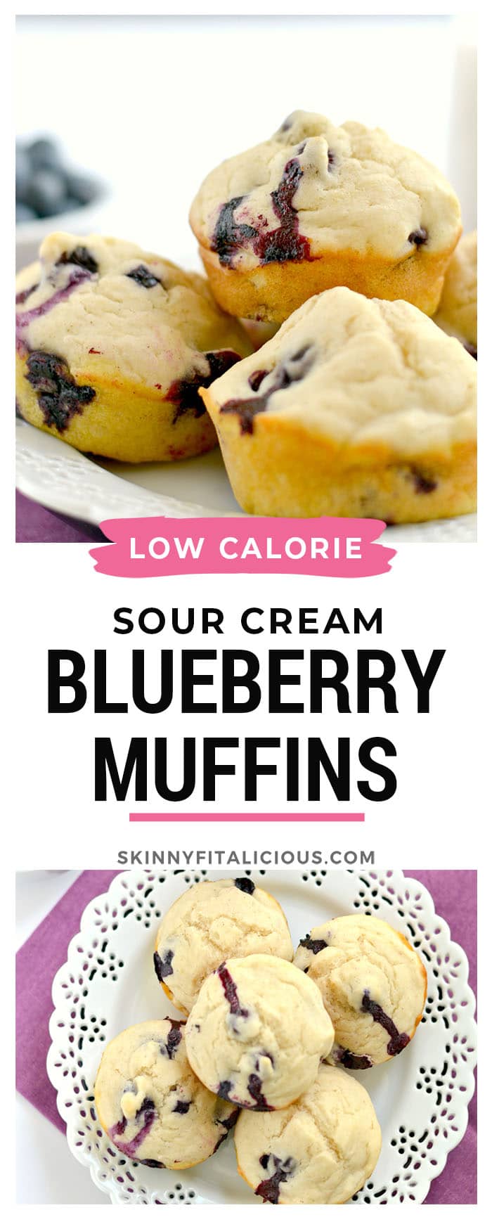 Sour Cream Blueberry Muffins! Made lighter with sour cream, applesauce, dairy-free milk, and gluten free flour, these delicious low calorie muffins are perfect for starting your day. Gluten Free + Low Calorie