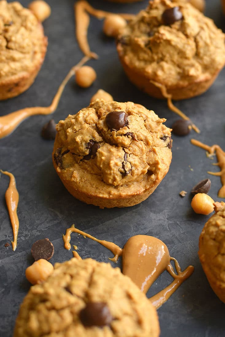 These Flourless Chocolate Chip Chickpea Muffins are easy to make for a healthy breakfast or snack! Lightly sweetened, high in protein, healthy fat and a good source of fiber and iron. Soft, fluffy and truly addicting. Gluten Free + Low Calorie