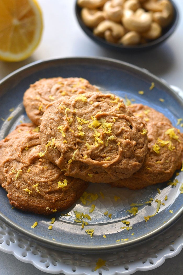 Healthy Lemon Cashew Cookies made grain free with 5 ingredients. These healthy cookies are lower in calories and lower in sugar. Paleo + Vegan + Low Calorie + Gluten Free