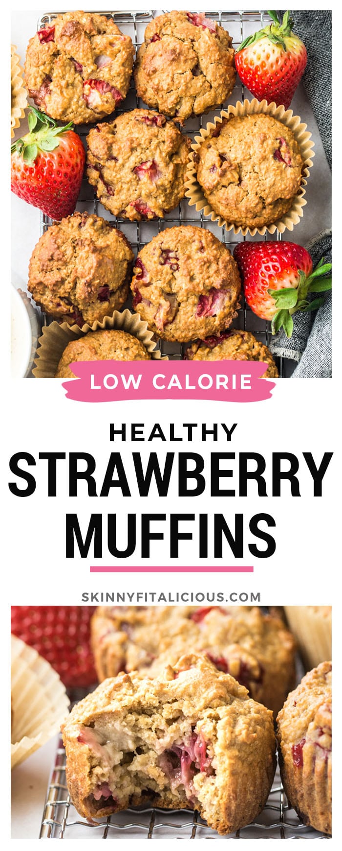 Healthy Strawberry Greek Yogurt Muffins! Bursting with strawberries and creamy greek yogurt, these easy to make muffins make a delicious low calorie breakfast or snack. Quick to make and gluten free too!
