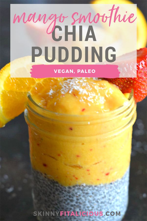 Mango Smoothie Chia Pudding! Smoothie marries pudding with this delicious recipe. A fun way to top boring chia pudding with a mango strawberry flavored smoothie. Perfect make-a-head for breakfasts or healthy snacks! Vegan + Gluten Free + Low Calorie