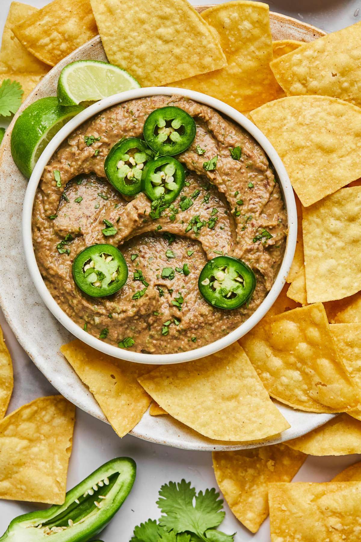 A bowl of black bean hummus surrounded by tortilla chips.