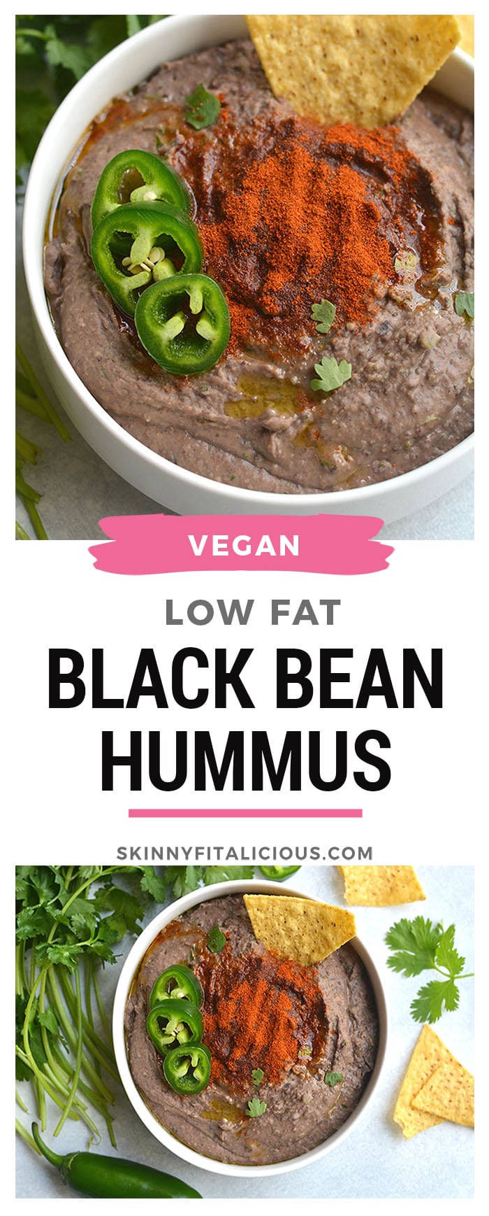 Spicy Black Bean Hummus Without Tahini lightened up by omitting the traditional ingredient without sacrificing taste. Pair with veggies & crackers for a healthy snack or spread on sandwich for extra protein & spice! Gluten Free + Vegan + Low Calorie