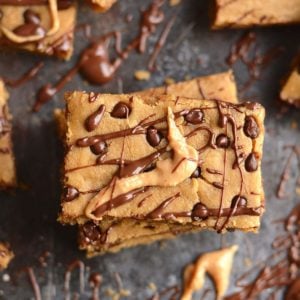 Vegan Chocolate Chip Chickpea Blondies! Sink your teeth into these good for you, decadent, gooey, protein packed, chocolatey treats. Vegan + Gluten Free + Low Calorie