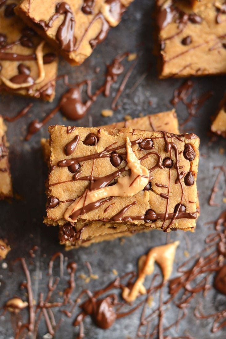 Vegan Chocolate Chip Chickpea Blondies! Sink your teeth into these good for you, decadent, gooey, protein packed, chocolatey treats. Vegan + Gluten Free + Low Calorie