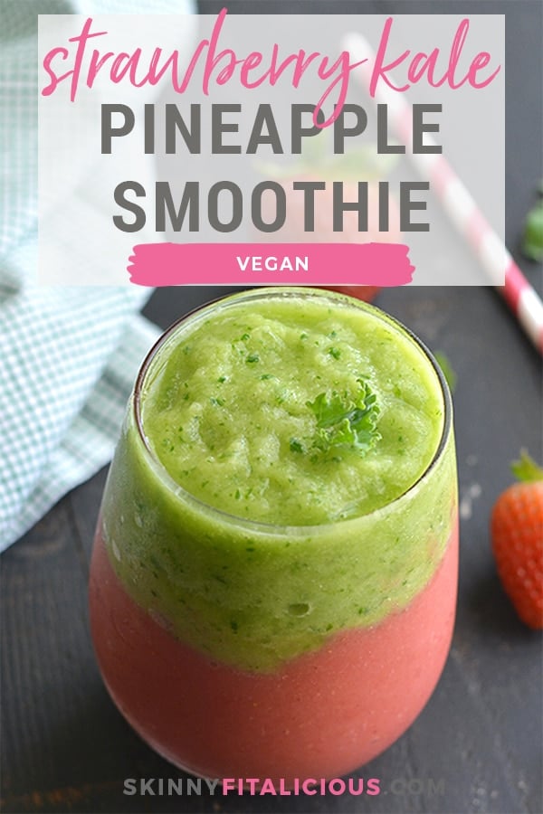 Vegan Kale Strawberry Pineapple Smoothie! A healthy layered smoothie made banana free, dairy free and naturally sweetened with stevia and applesauce. Almost too pretty to eat! Gluten Free + Low Calorie + Vegan