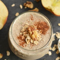 Gluten Free Toasted Walnut Apple Pie Smoothie! A healthy dessert like overnight oatmeal smoothie you can enjoy for breakfast, post workout, or anytime a sweet craving hits! Super creamy, packed with protein and fiber. Gluten free + Low Calorie