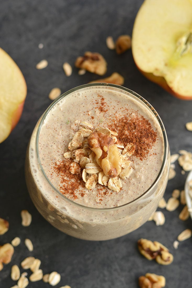 Gluten Free Toasted Walnut Apple Pie Smoothie! A healthy dessert like overnight oatmeal smoothie you can enjoy for breakfast, post workout, or anytime a sweet craving hits! Super creamy, packed with protein and fiber. Gluten free + Low Calorie