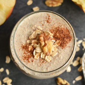 Gluten Free Toasted Walnut Apple Pie Smoothie! A healthy dessert like overnight oatmeal smoothie you can enjoy for breakfast, post workout, or anytime a sweet craving hits! Super creamy, packed with protein and fiber. Gluten free + Low Calorie