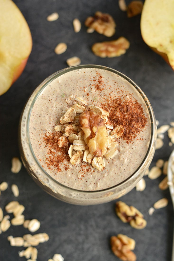 Gluten Free Toasted Walnut Apple Pie Smoothie! A healthy dessert like overnight oatmeal smoothie you can enjoy for breakfast, post workout, or anytime a sweet craving hits! Super creamy, packed with protein and fiber. Gluten free + Low Calorie