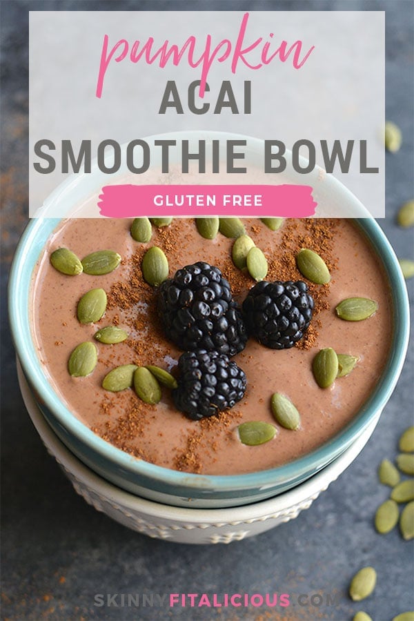 Pumpkin Acai Bowl! Get a taste of fall with a cool bowl loaded with creaminess and fall seasonings. A Gluten Free smoothie bowl that will leave you energized, nourished and full.