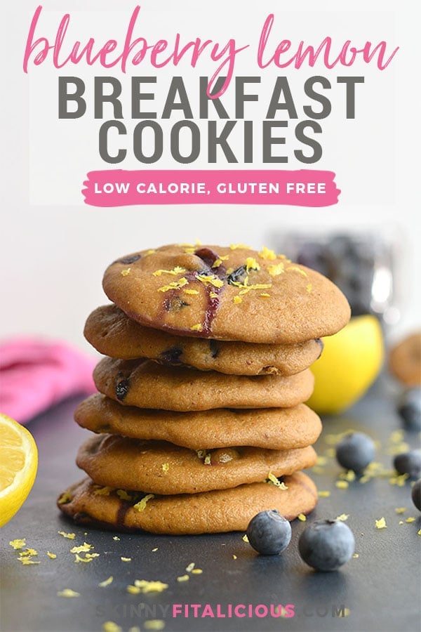 Blueberry Lemon Yogurt Breakfast Cookies! Bursting with blueberries and infused with lemon flavor, these creamy oat cookies make a great breakfast treat or anytime snack. Lower in carbs and only 67 calories each. Gluten Free + Low Calorie