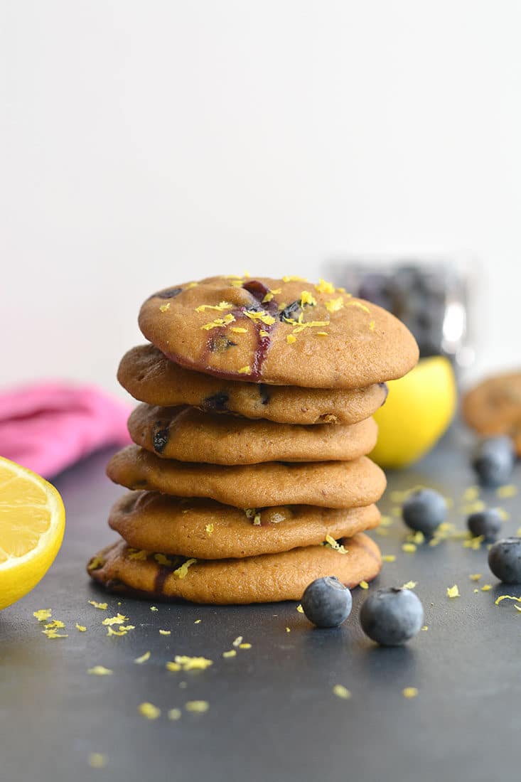 Blueberry Lemon Yogurt Breakfast Cookies! Bursting with blueberries and infused with lemon flavor, these creamy oat cookies make a great breakfast treat or anytime snack. Lower in carbs and only 67 calories each. Gluten Free + Low Calorie