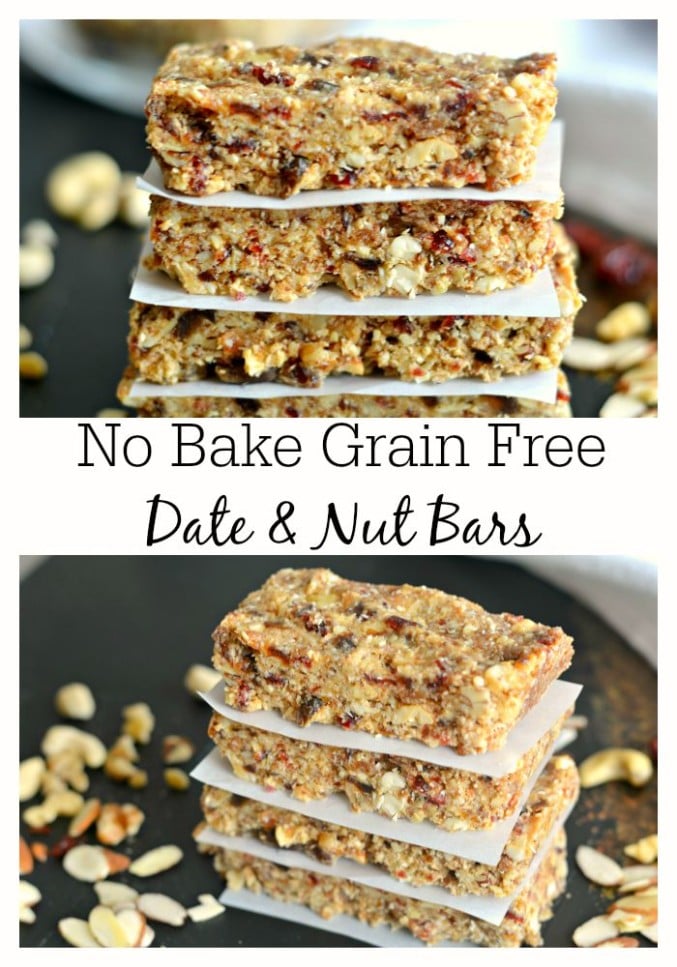 Grain Free Date Nut Bars are a no bake snack made with a mixed nuts, shredded coconut and cashew butter that are oil and sugar free. They're gluten free, grain free, Paleo and vegan. A creamy and nutritious snack!
