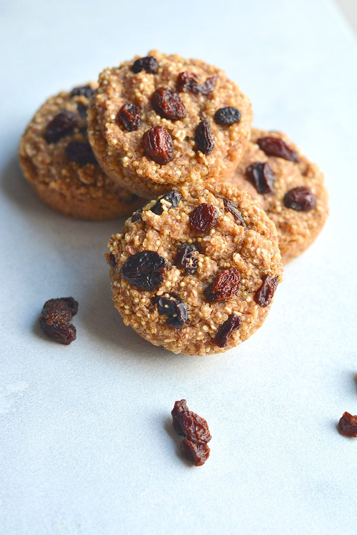 Quinoa Raisin Muffins! Dairy-free with no refined sugar added and only 100 calories. A delicious low calorie treat, higher in protein. A great lunchbox snack! Gluten Free + Low Calorie