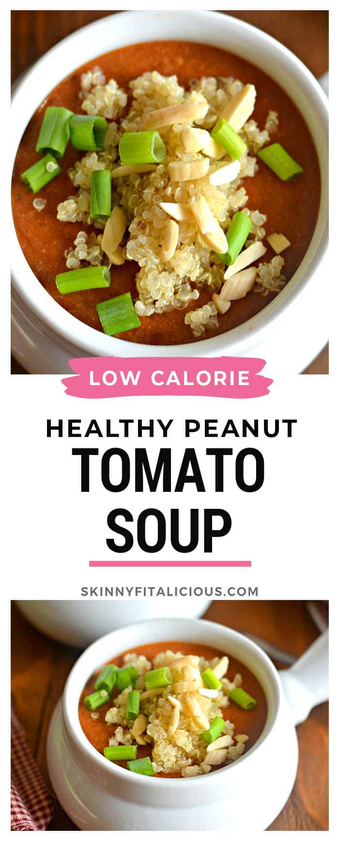Creamy and comforting, this vegan Tomato Peanut Butter Quinoa Soup comes together with a simple combination of peanut butter, tomatoes and tomato paste for an easy weeknight meal. This is not your mama's tomato soup!