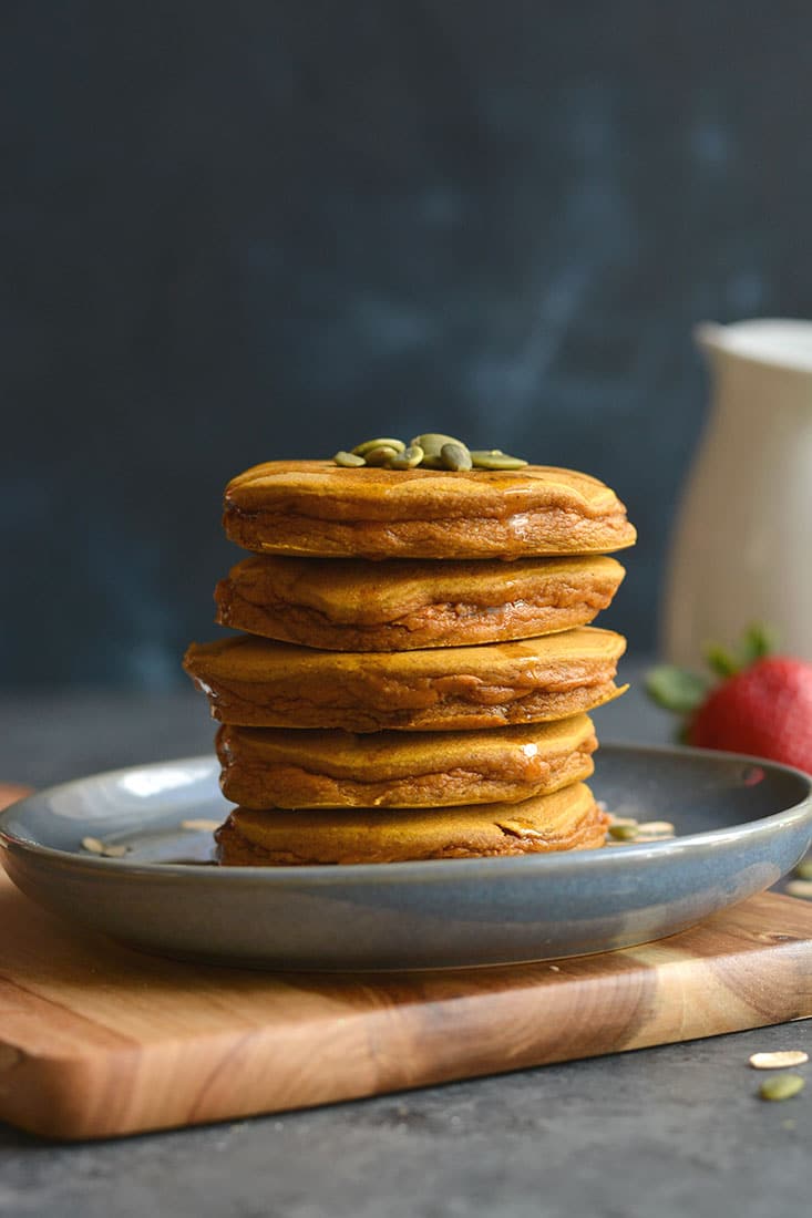 Thick, fluffy butternut squash maple oat pancakes! Gluten free and delicious.