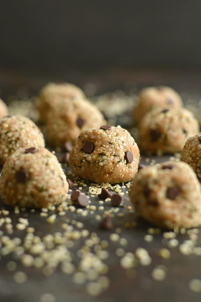 Hemp Seed Energy Bites made with creamy nut butter, chocolate & oat flour. High in omega-3 & low in sugar, a healthy 125 calorie snack perfect for on the go! Gluten Free + Low Calorie + Vegan